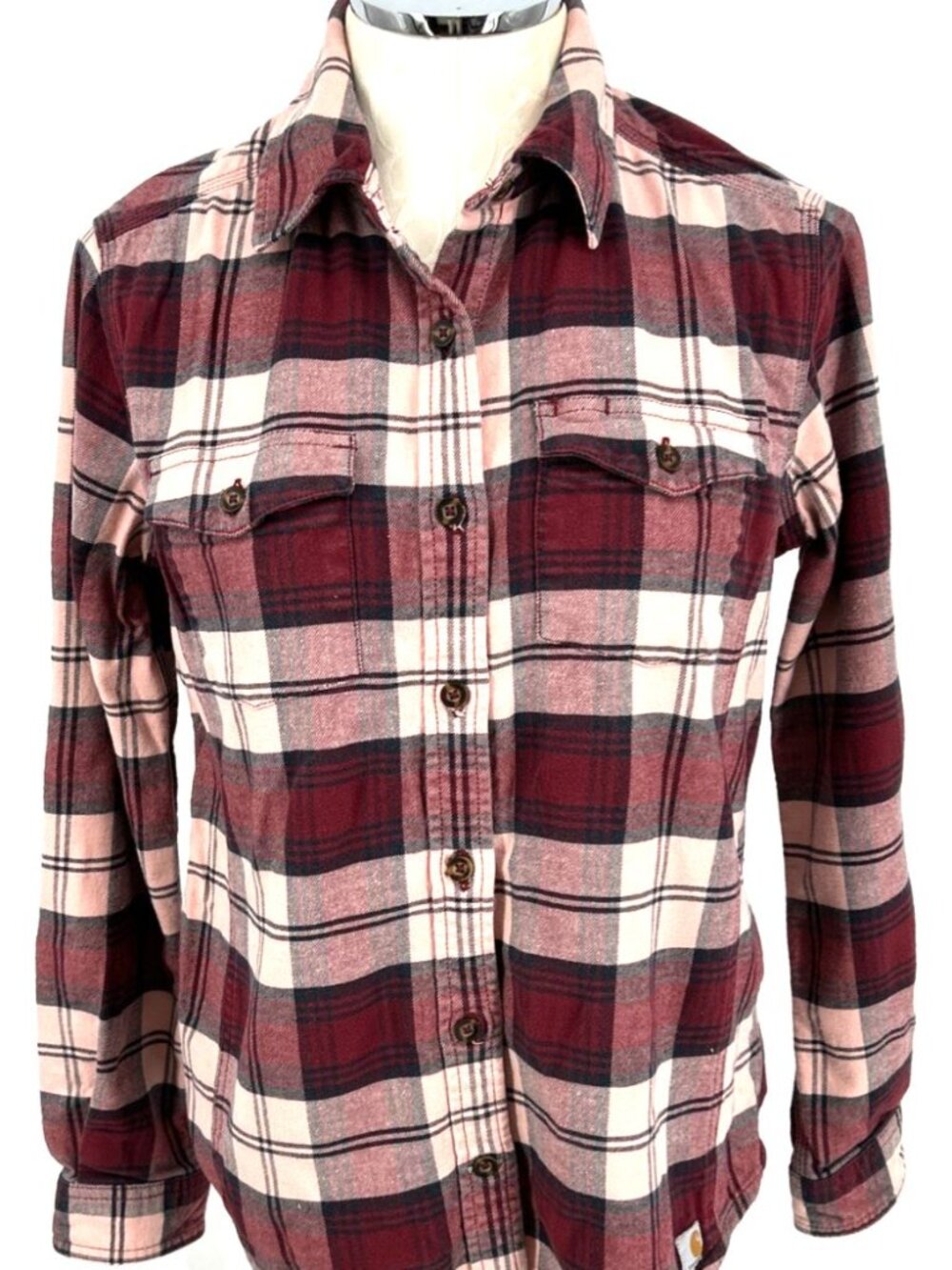 Carhartt Shirt Womens Sz M 8/10 Pink Plaid Flannel Button Front Workwear